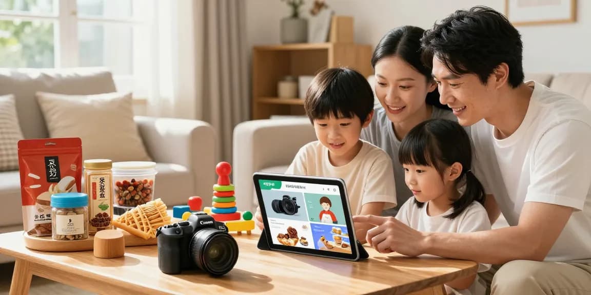 Family enjoying ROKOK88 e-commerce platform in a cozy living room, surrounded by local products.