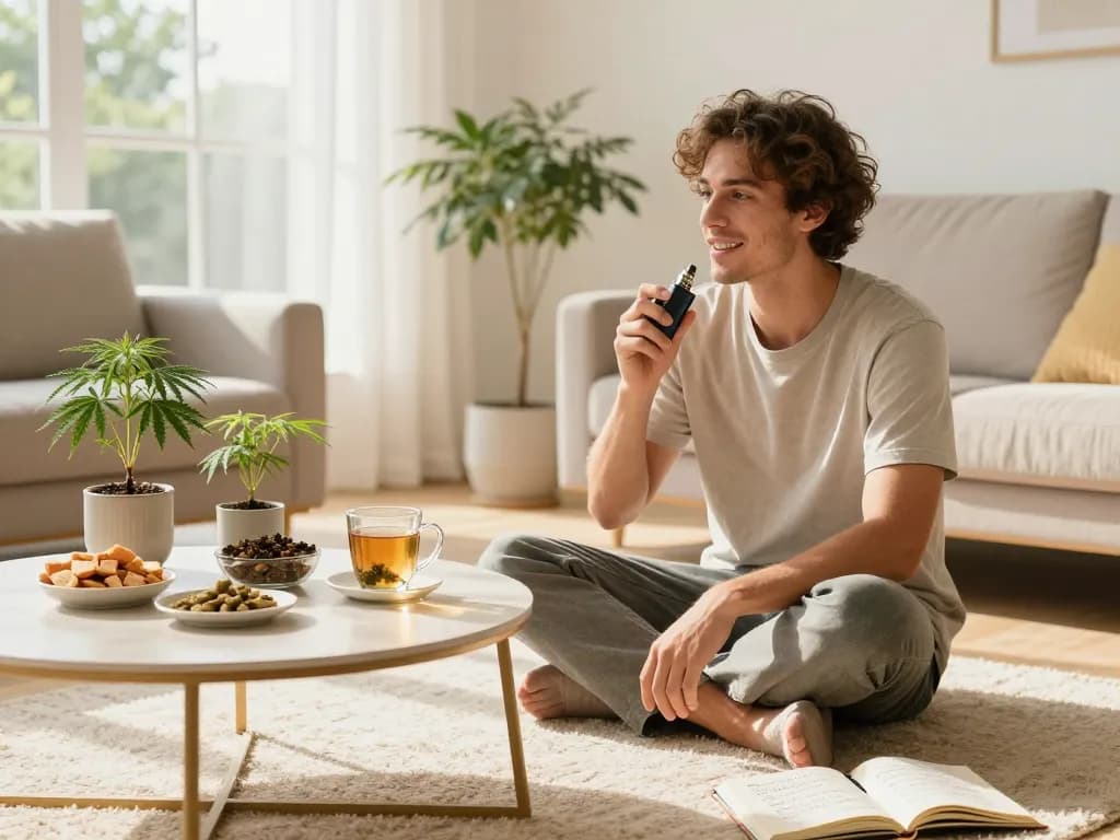 Thc vapes italia mostrati in un ambiente domestico rilassante con elementi naturali e prodotti per il benessere biologico.