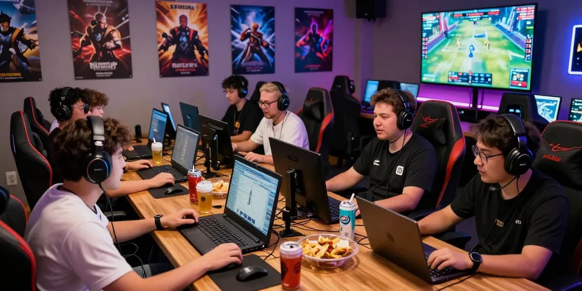 Rokok88 gaming community gathering with gamers discussing strategies and enjoying snacks.