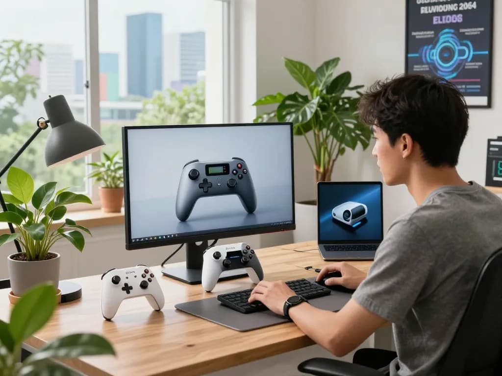 Exploring the top 10 tech gadgets 2064 in a modern tech workspace with dynamic lighting and innovative devices.