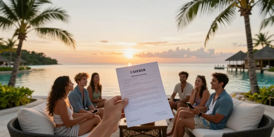 Happy travelers celebrating their decision to cancel timeshare with relief at a tropical resort.