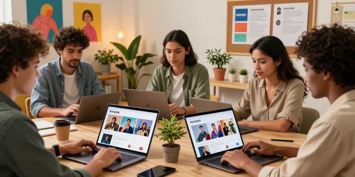 Engaged users exploring innovative features on ROKOK88 digital platform in a vibrant workspace.
