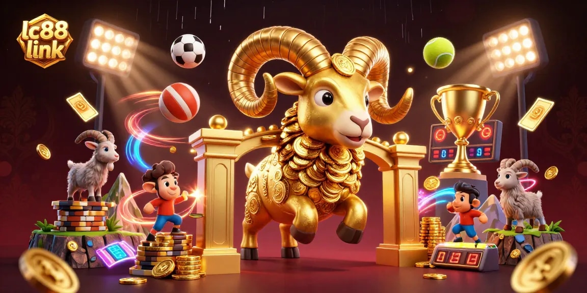 Experience the excitement of lc88 link with 3D cartoon characters charging through a dynamic casino scene filled with vibrant sports balls and golden elements.