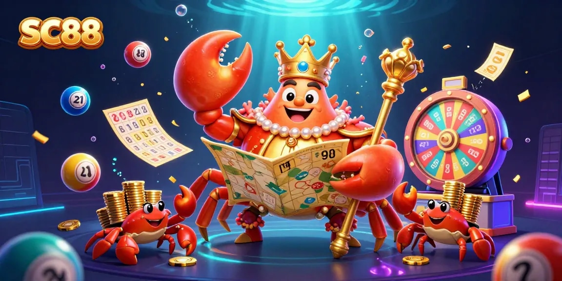 Experience excitement at SC88 as vibrant lottery elements dance with a golden crab emperor.