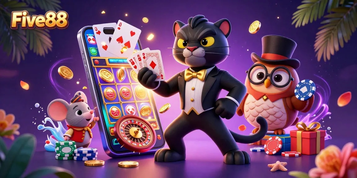 Experience the thrill of Five88 with stylish characters in a vibrant casino scene.
