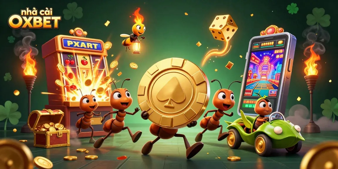 Experience thrilling action with nhà cái OXBET as ants run a heist in a vibrant casino scene.