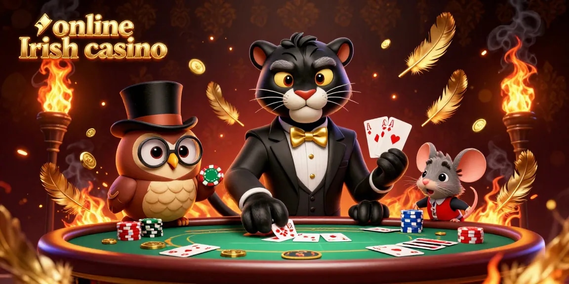 Experience the thrill of an online Irish casino with a panther dealer and owl companion amidst vibrant gaming elements.