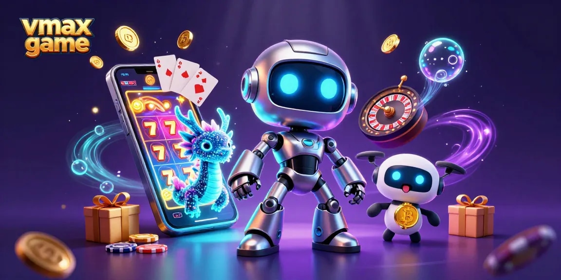 Experience exhilarating gameplay with vmax game featuring a cyberpunk robot, holographic dragon, and thrilling slot elements.