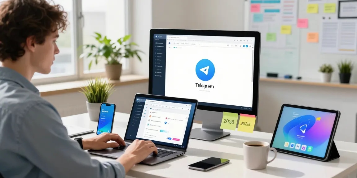 Professional user engaging with Telegram Web Version in a modern workspace, showcasing tech productivity.