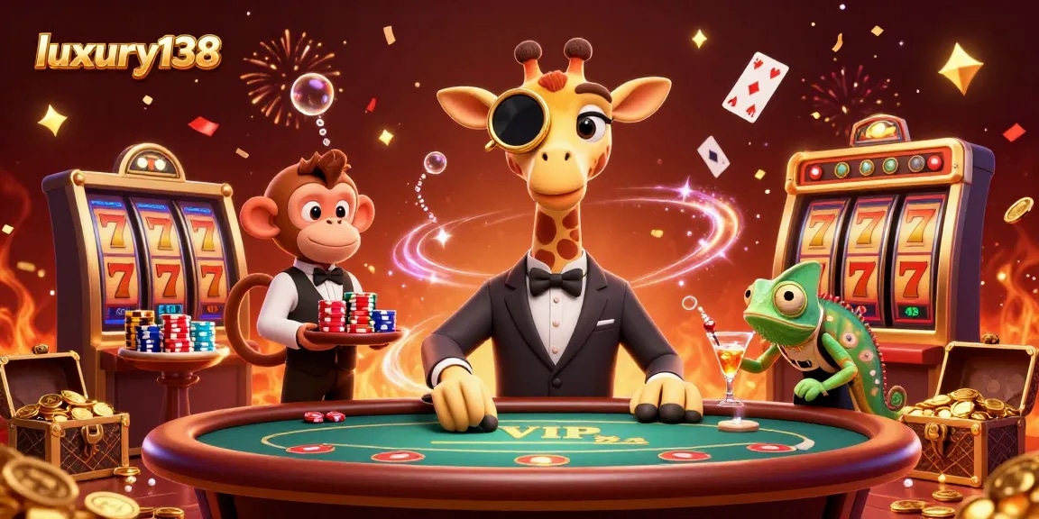 Experience luxury138's vibrant gaming world with a high-roller giraffe at a bustling slot table.