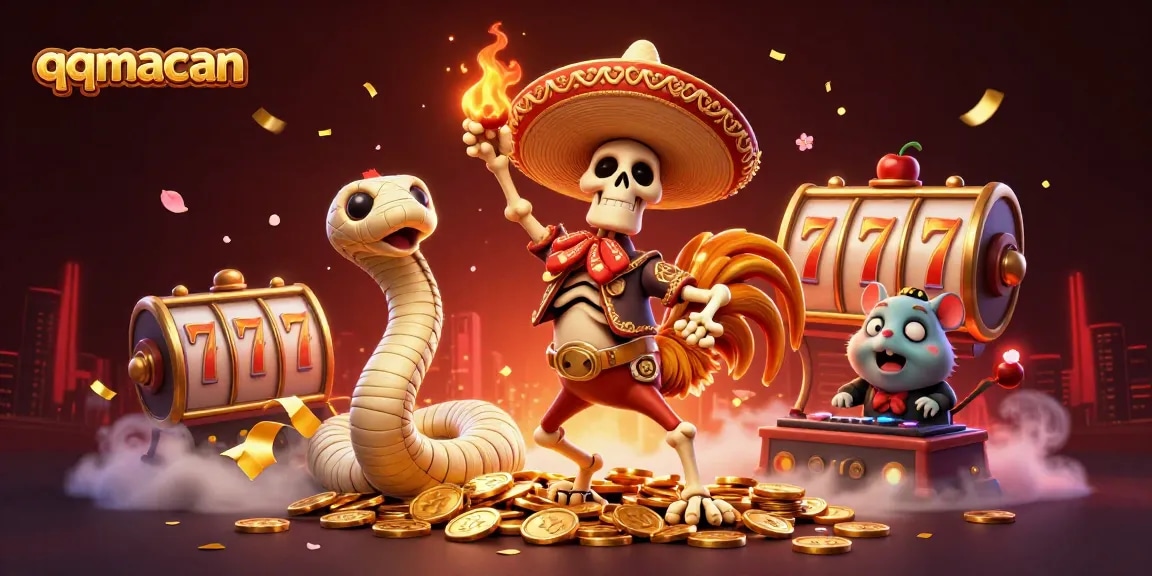Experience thrilling wins at qqmacan with a vibrant 3D casino illustration of characters celebrating on golden coins.