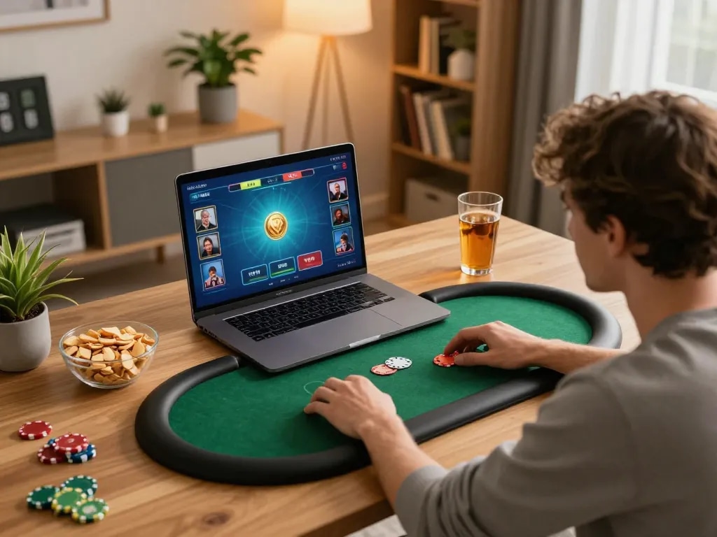 Engaging in a thrilling 33win poker game on a laptop with a cozy home setup.