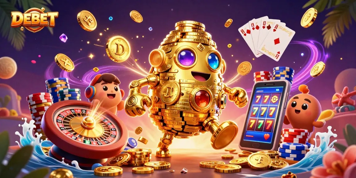 DEBET offers exciting gaming experiences with golden golem, coins, and roulette elements.
