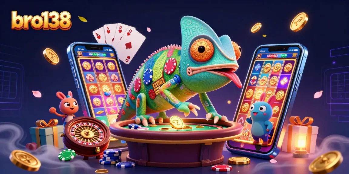 Engage in exhilarating gaming with bro138 at this vibrant chameleon casino illustration.