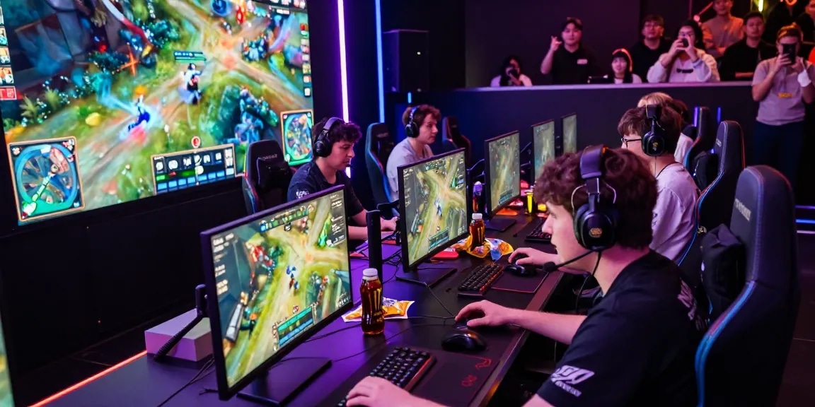 Competitive esports gaming scene with players focused on rokok88 tournament, showcasing vibrant graphics and intense atmosphere