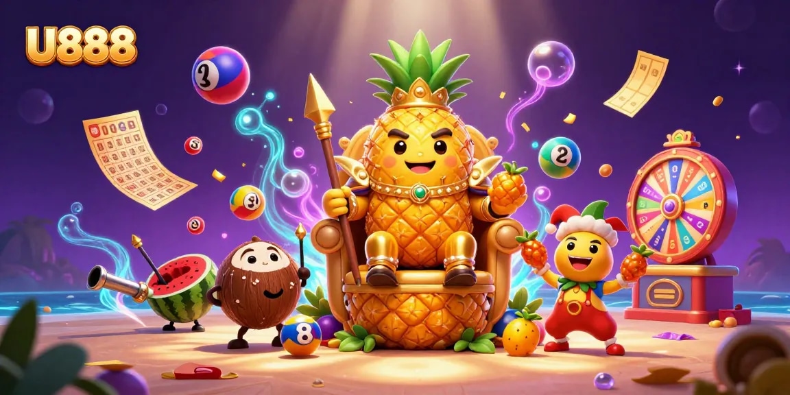 Experience the excitement of U888 with vibrant illustrations of games and characters in a dynamic casino scene.