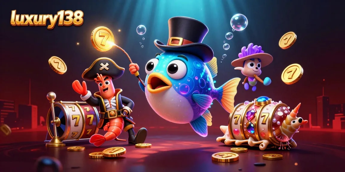 Engage with luxury138’s winning slots as the anglerfish attracts coins amidst vibrant gaming elements.
