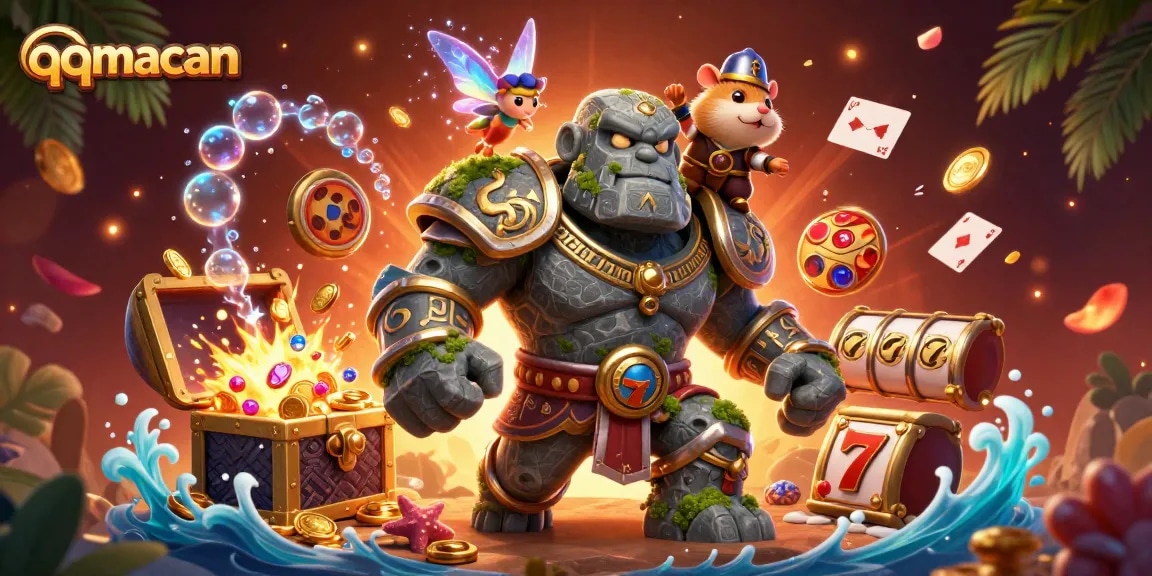 Spin and win at qqmacan with vibrant slot reels, golden coins, and magical characters!