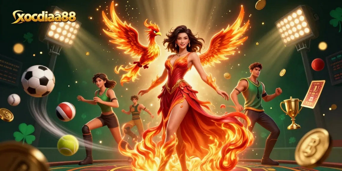 xocdiaa88 brings thrilling online gaming alive with stunning visuals, including a dynamic Asian character and fiery phoenix.