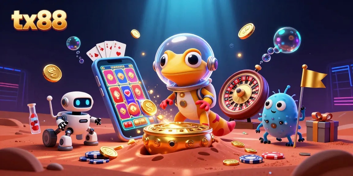 Engage with tx88's thrilling casino experience featuring a Martian gecko and exciting slot games.