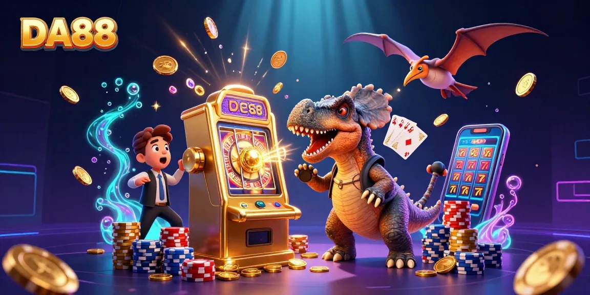 Win big with DA88 as the pachycephalosaurus triggers a jackpot on the golden slot machine amidst flying coins.