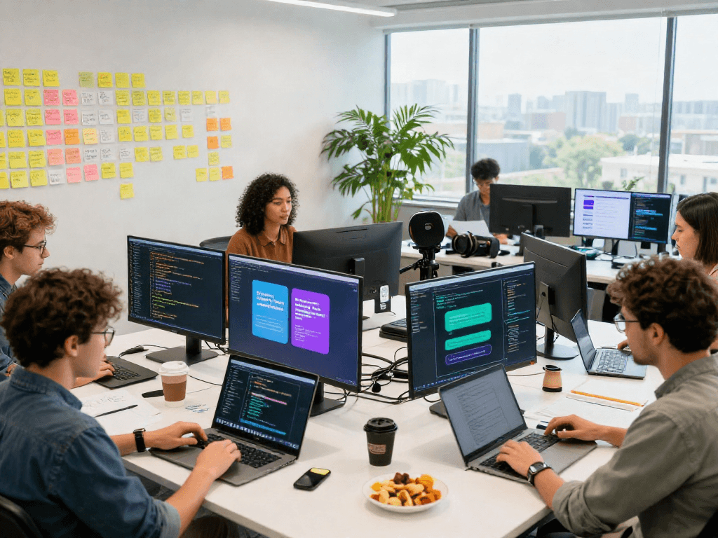 Group of developers brainstorming spicy chat AI features in a bright modern office, showcasing collaboration.