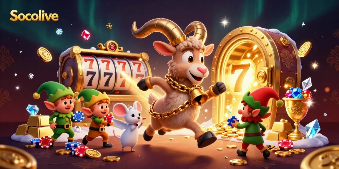 Socolive delivers slots excitement with vibrant characters in a dynamic casino scene filled with treasures.