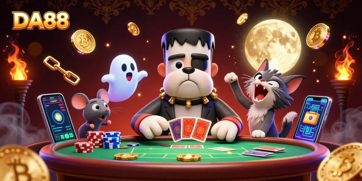 Experience the excitement of DA88 with a lively 3D casino scene featuring a playful Frankenstein bulldog, ghost mouse, and werewolf kitten.