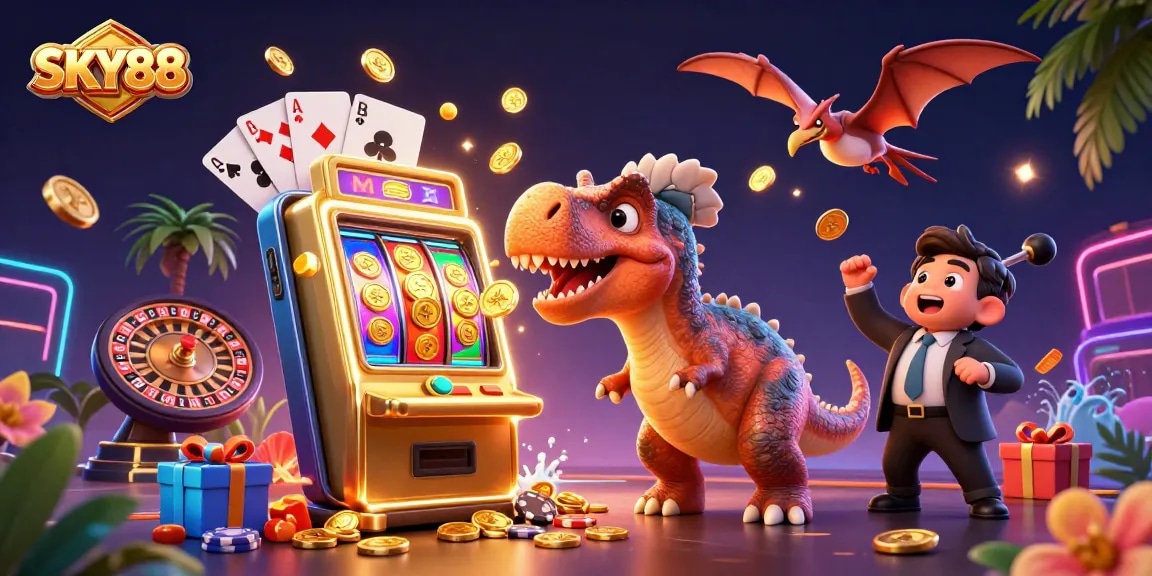 Experience the excitement at SKY88 with a dinosaur-themed casino jackpot scene capturing the thrill of winning.