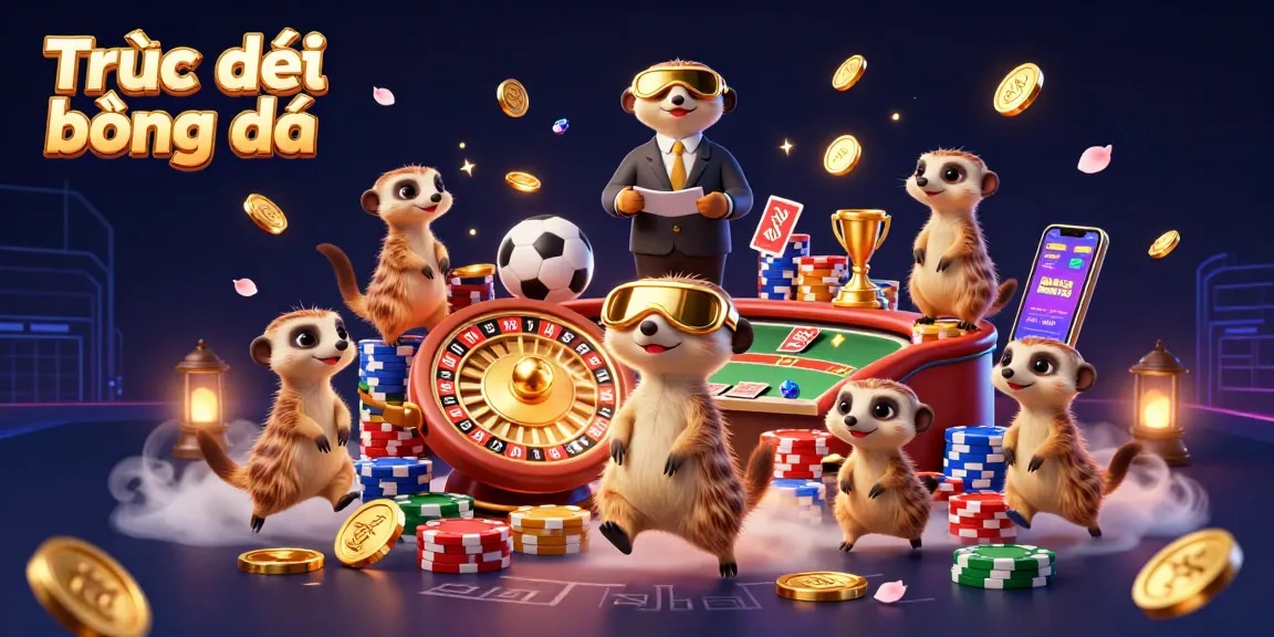 Experience the excitement of Trực tiếp bóng đá with a dynamic meerkat casino scene, showcasing sports betting elements.