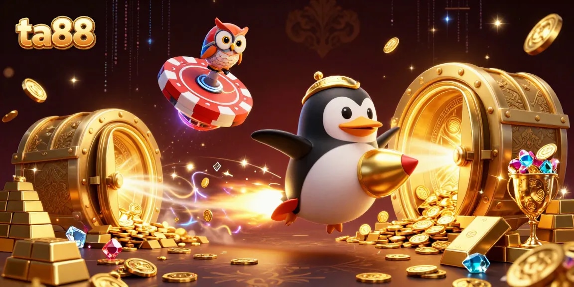 Engage with ta88's vibrant 3D casino scene featuring a golden penguin amidst treasure.
