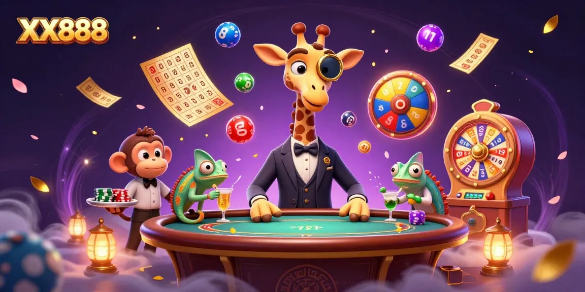 Spin and win with XX888 at the vibrant casino scene featuring a high-roller giraffe, monkey valet, and chameleon bartender.