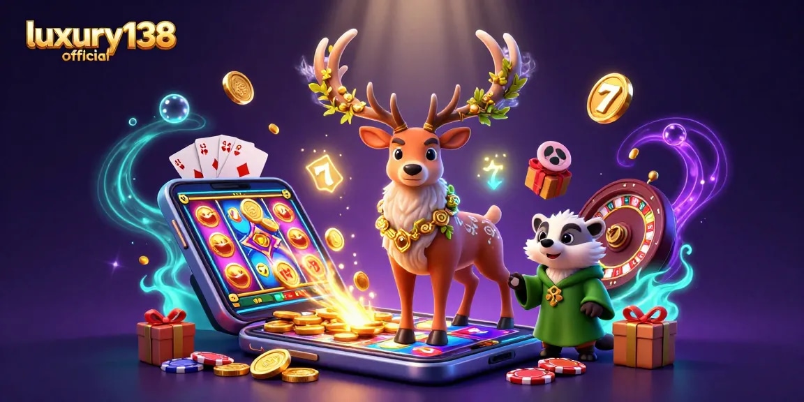 Spin and win at luxury138 official with a vibrant 3D illustration of animated characters and slot games.