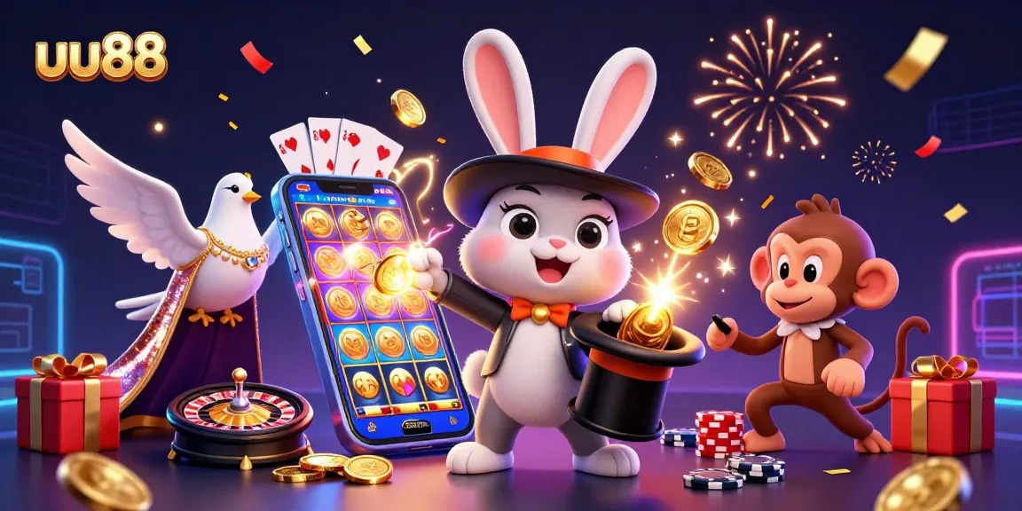 Experience the magic of uu88 as a cartoon magician rabbit conjures gold coins amidst a thrilling casino scene.