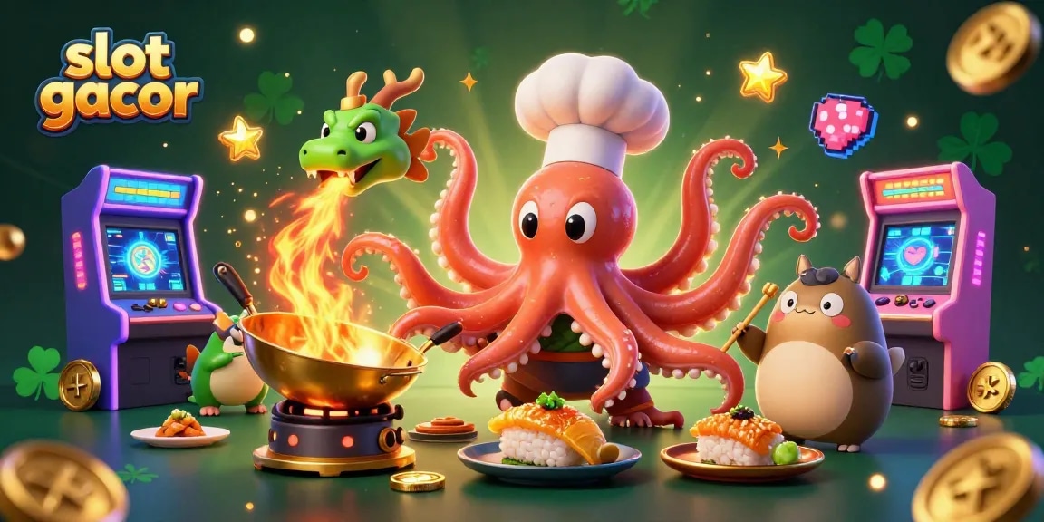 Engage with slot gacor excitement illustrated by a cartoon octopus chef and vibrant casino elements.