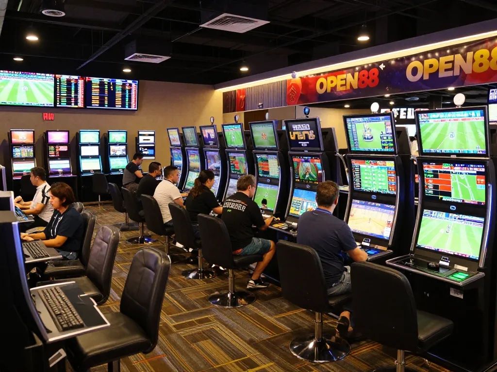 Active sports betting scene at OPEN88 with patrons engaging in real-time odds discussions