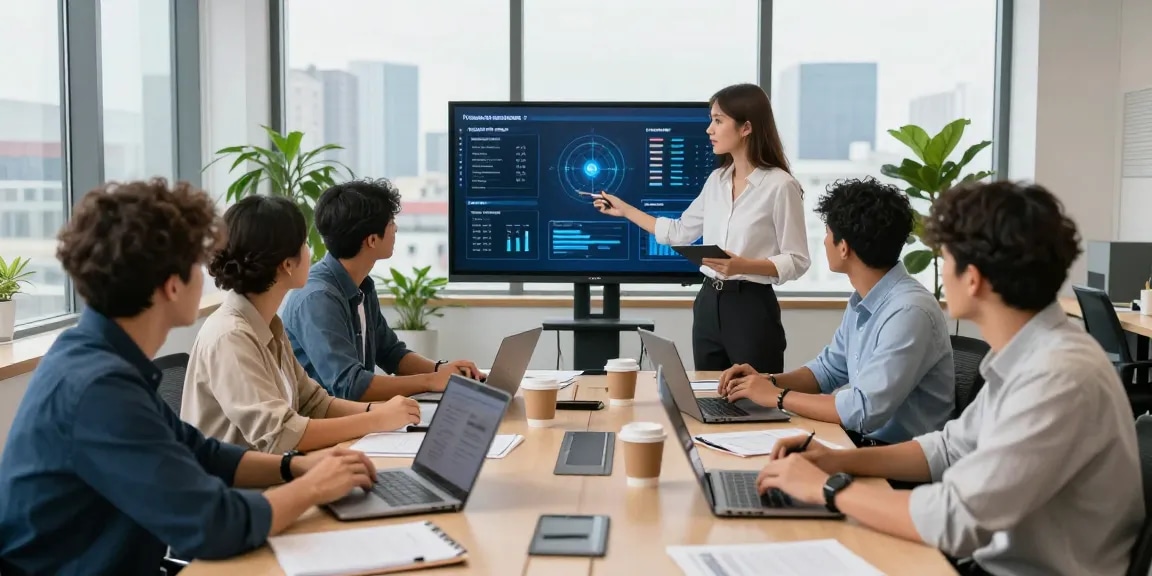 Proactive small business IT support teamwork in a modern office setting with diverse professionals discussing strategies.