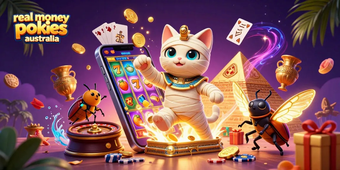 Play exciting real money pokies Australia with vibrant characters and dynamic gaming elements.