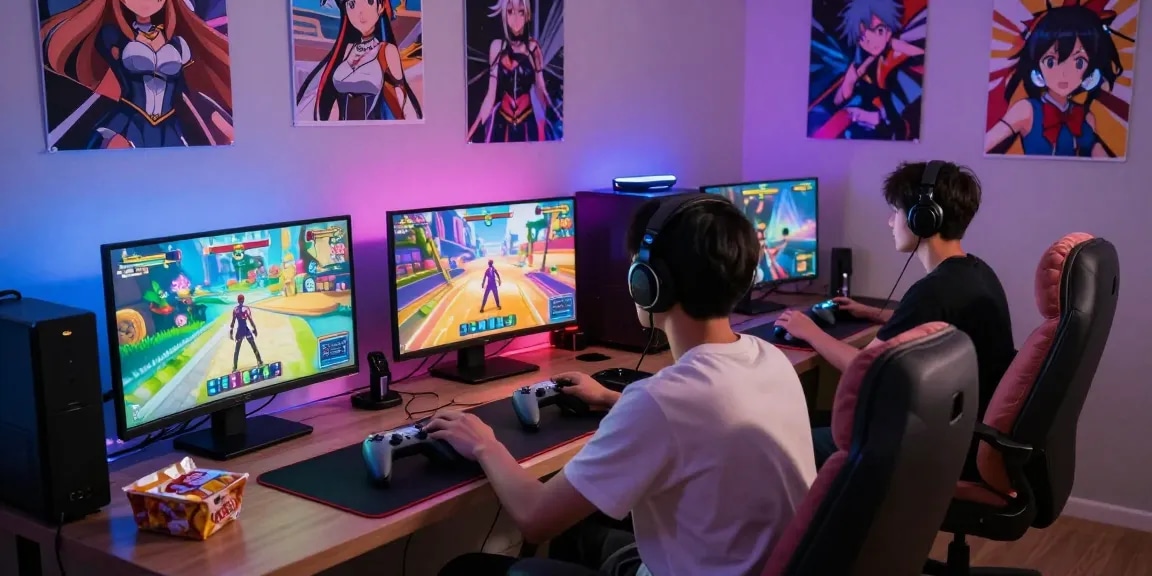 Gamer immersed in hentai game visuals on multiple devices with colorful LED lights.