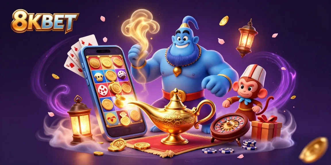 Engage in thrilling games with 8KBET featuring vibrant characters and casino elements.