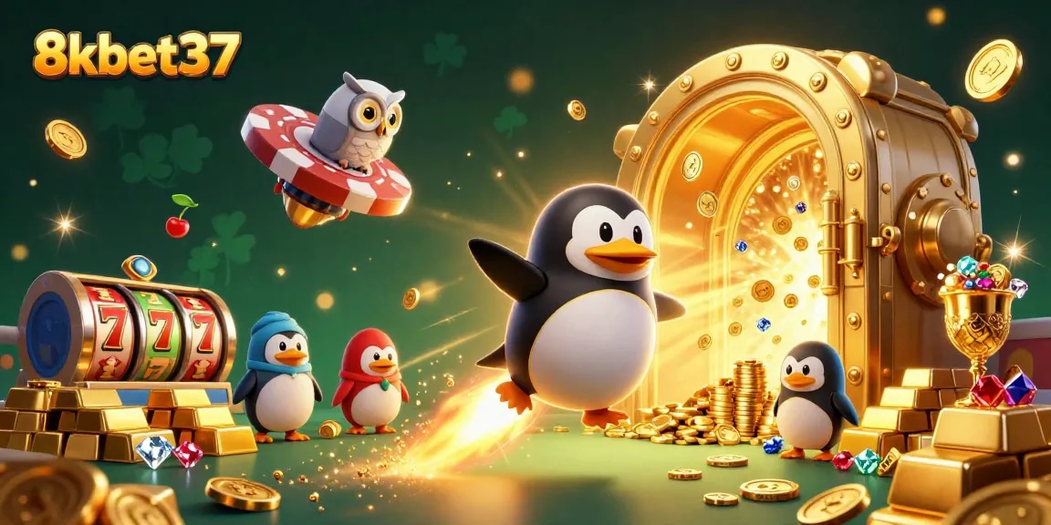 Experience the thrill of 8kbet37 with a rocket-powered golden penguin soaring toward a vibrant casino!