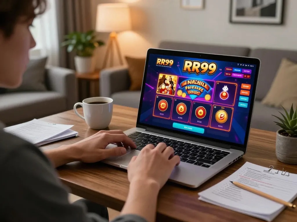 Player engaging with RR99 online casino on a laptop, showcasing vibrant game interface and relaxed home atmosphere.