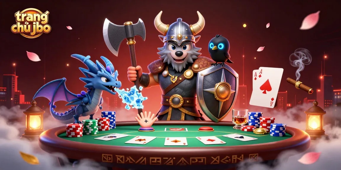 Engage in thrilling poker action at trang chủ jbo, featuring a Viking wolf warrior and dragon.