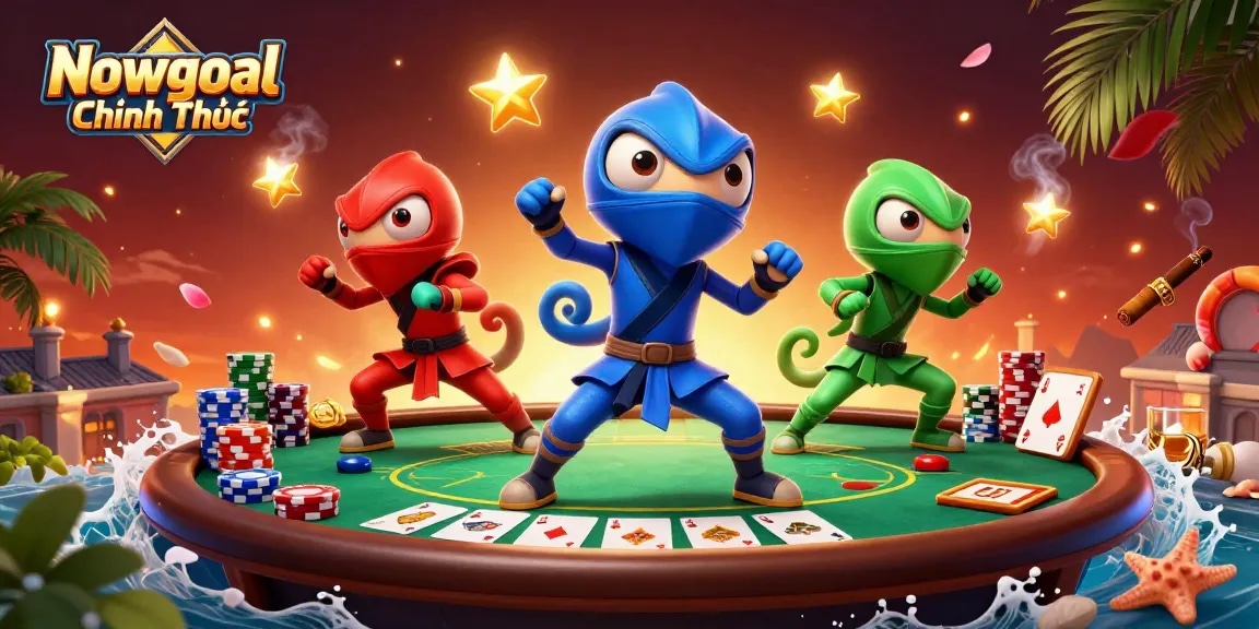 Engage with Nowgoal Chính Thức for thrilling poker action featuring colorful chameleon ninjas and vibrant casino elements.