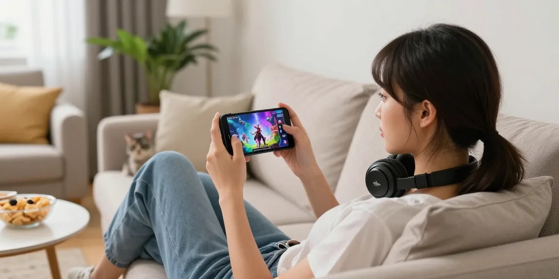 Engaging mobile hentai game experience featuring a young adult female gaming on her smartphone in a cozy living room