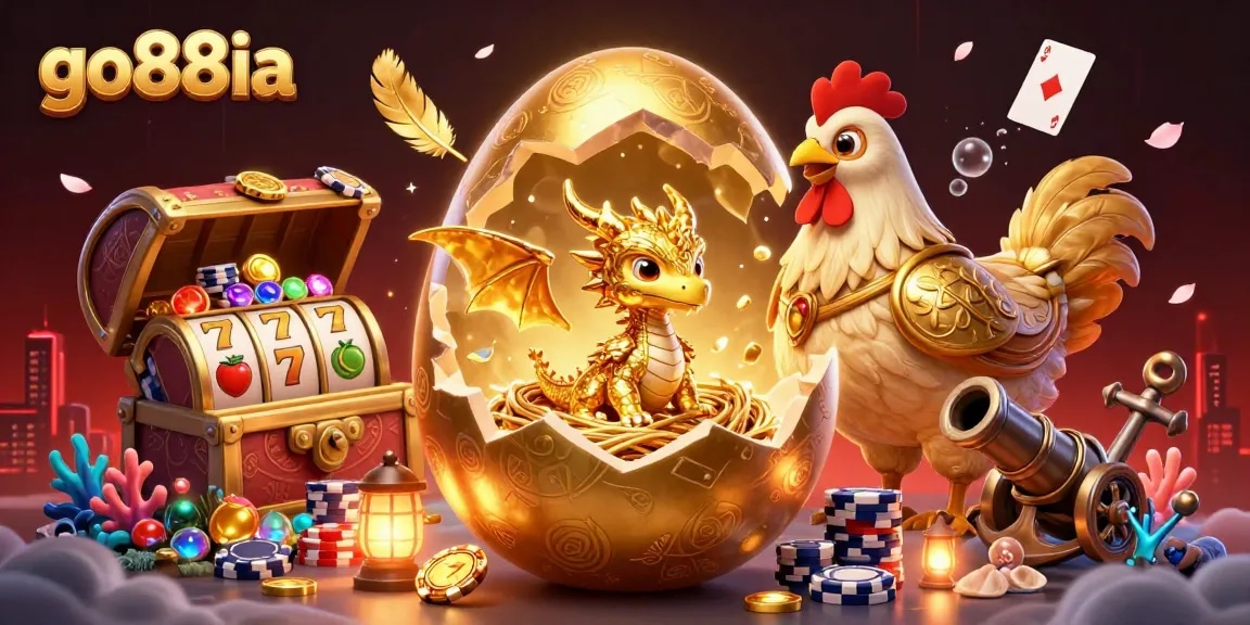 Engage in the exciting world of go88ia with a rich 3D illustration of a golden dragon amid poker chips.