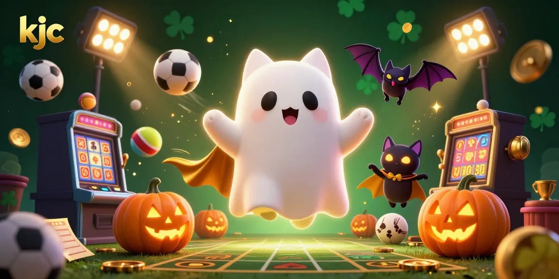 KJC casino ghost cat floating amidst dynamic gambling elements, creating a thrilling gaming atmosphere.