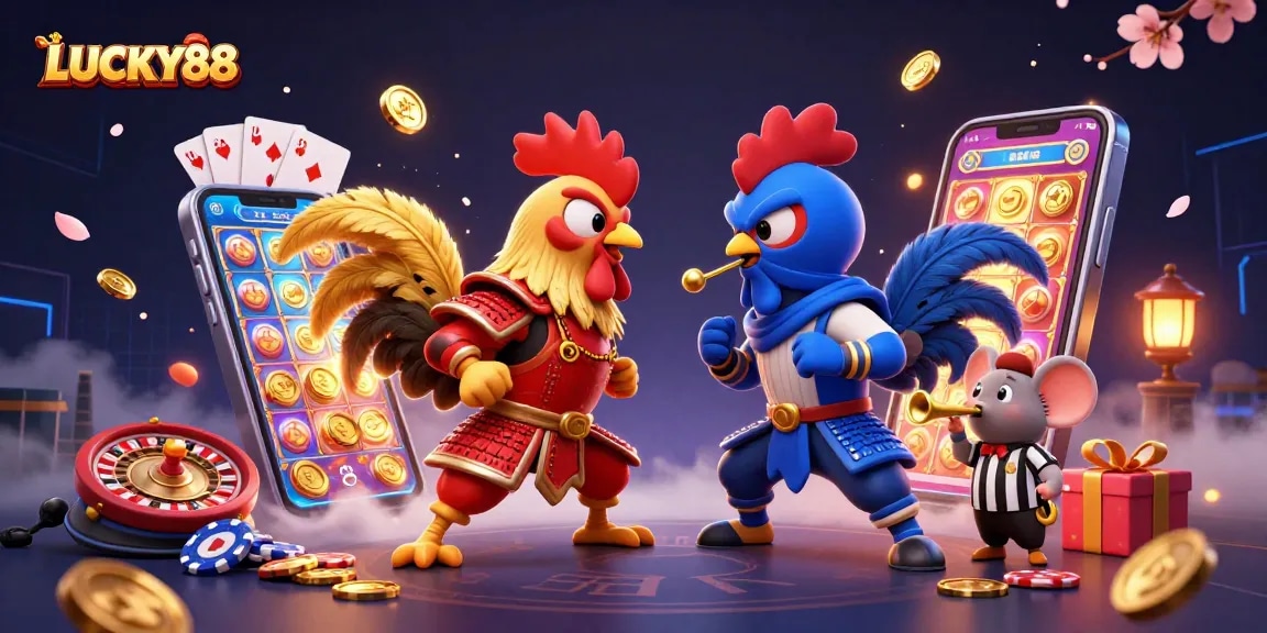 Engage with LUCKY88 slot excitement in this dynamic 3D illustration featuring combative roosters.