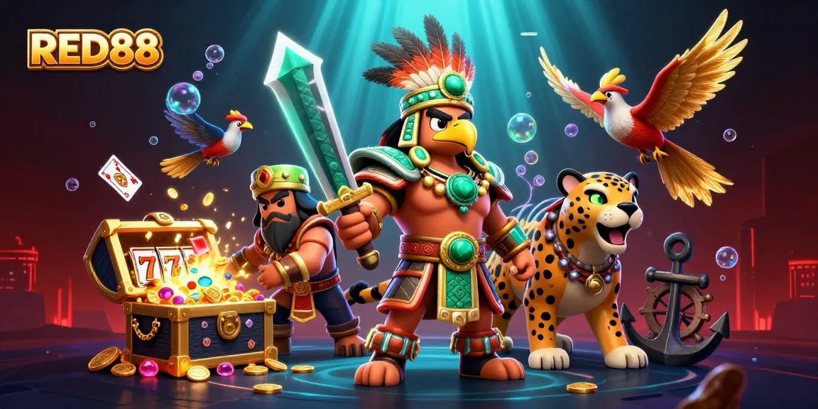 Immerse in RED88's vibrant casino action with 3D warriors, spinning slots, and treasures!