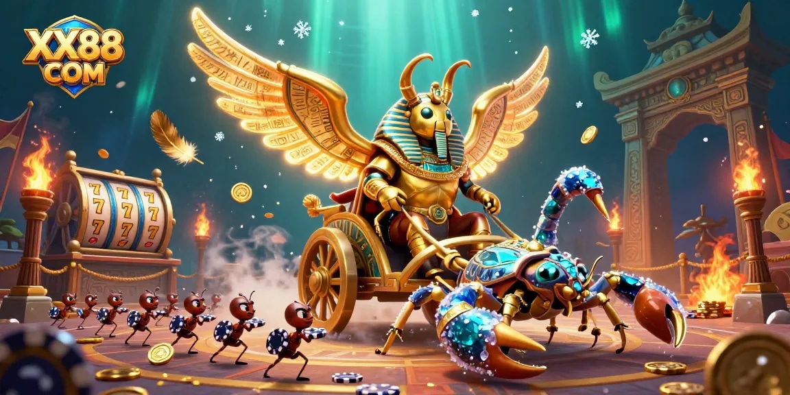 Experience thrilling jackpots at XX88 COM with a majestic golden scarab in an energetic casino scene.